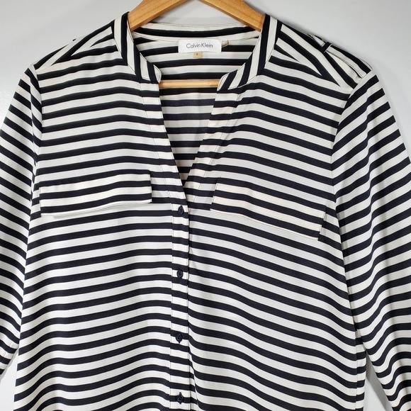 Calvin Klein Roll Tab Striped Long Sleeve Button Down Blouse Size Small - Picture 2 of 9